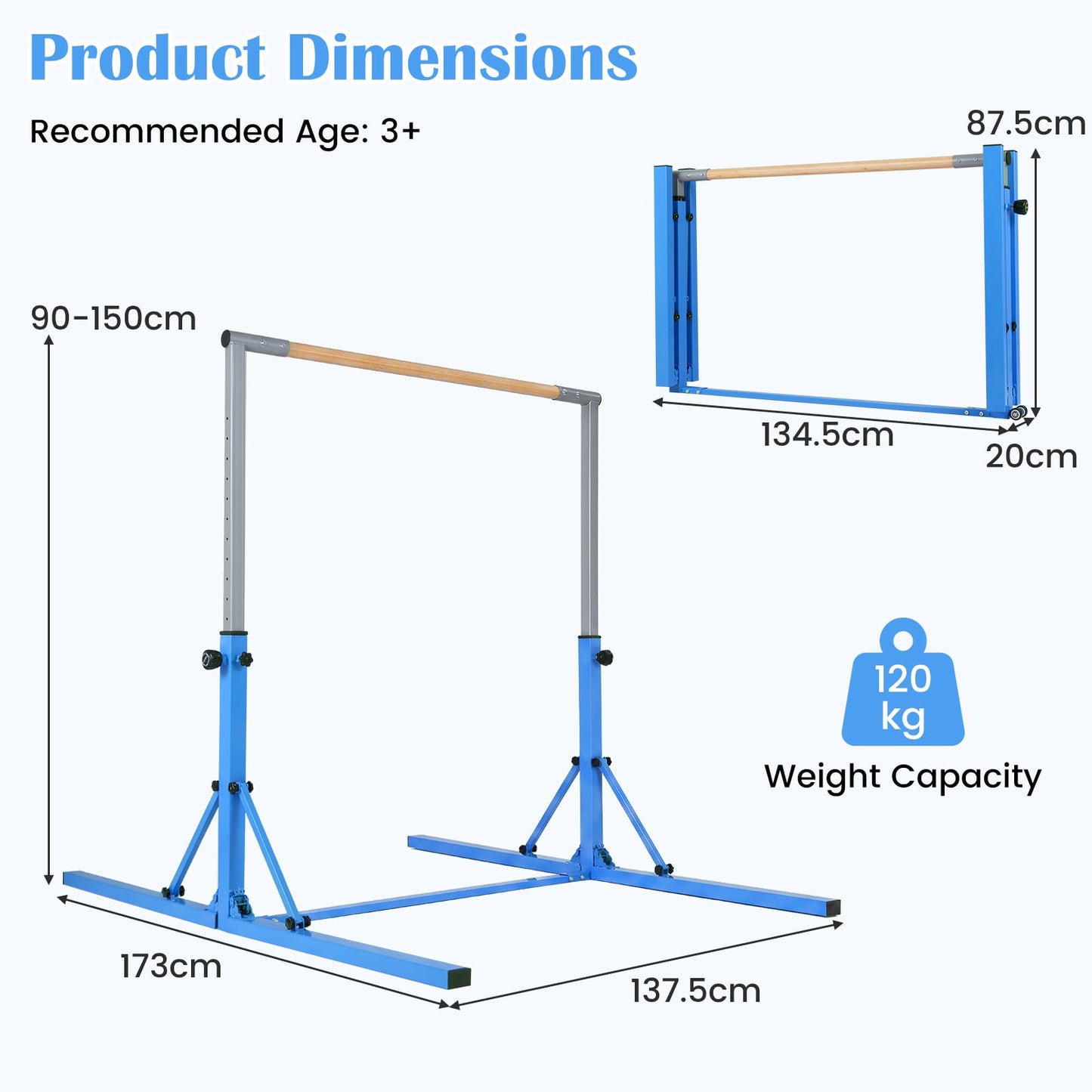 13-Level Adjustable Heights Foldable Gymnastics Bar for Kids-Blue