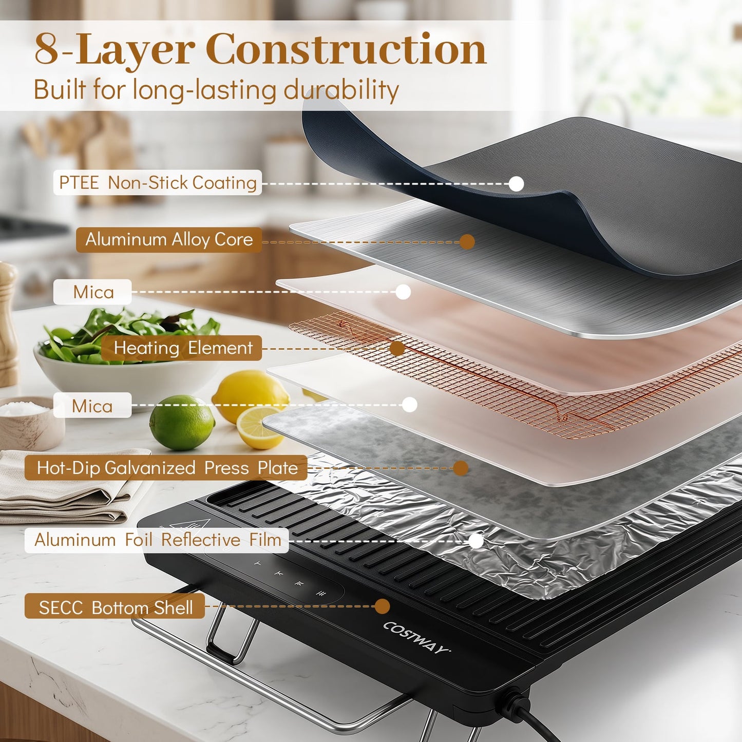 1300W BBQ Electric Teppanyaki Grill with Removable Touch Panel and 2 Nonstick Cooking Zones-Black