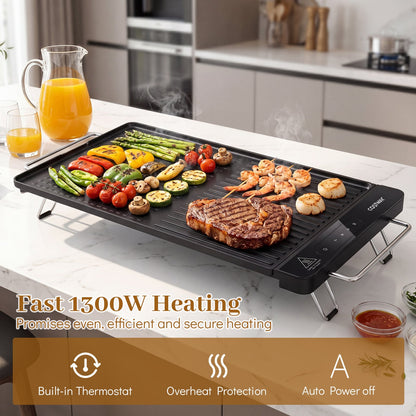 1300W BBQ Electric Teppanyaki Grill with Removable Touch Panel and 2 Nonstick Cooking Zones-Black