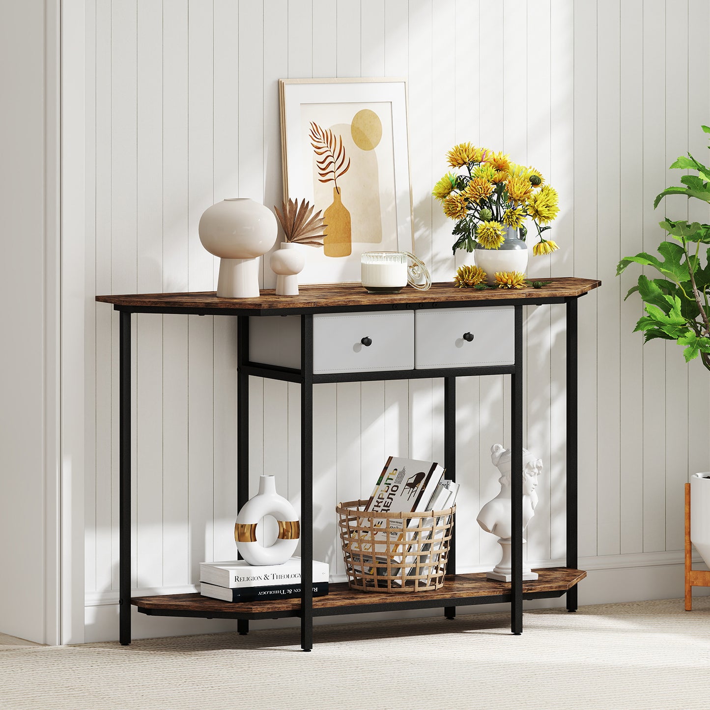 130 CM Console Table 2-Tier Entryway Table with Open Storage Shelf & 2 Drawers-Rustic Brown