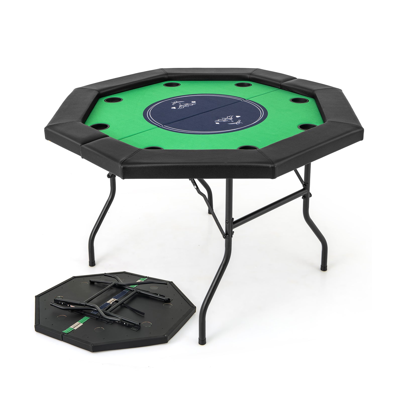 130 cm Foldable Poker Table with Padded Rails and Folding Legs for 8 Players-Green