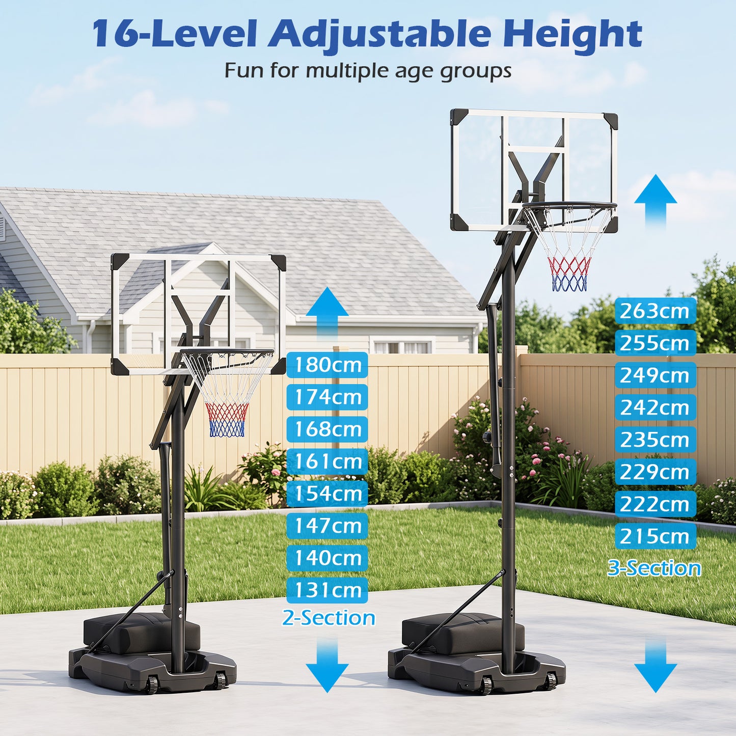 131-263 cm Rim Height Adjustable Basketball Hoop with Shatterproof Backboard Wheels and Weight Bag for Teens