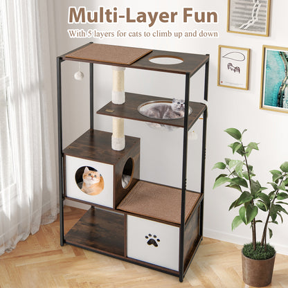 131CM Tall Wooden Cat Tree with Metal Frame Sisal Scratching Posts-Natural