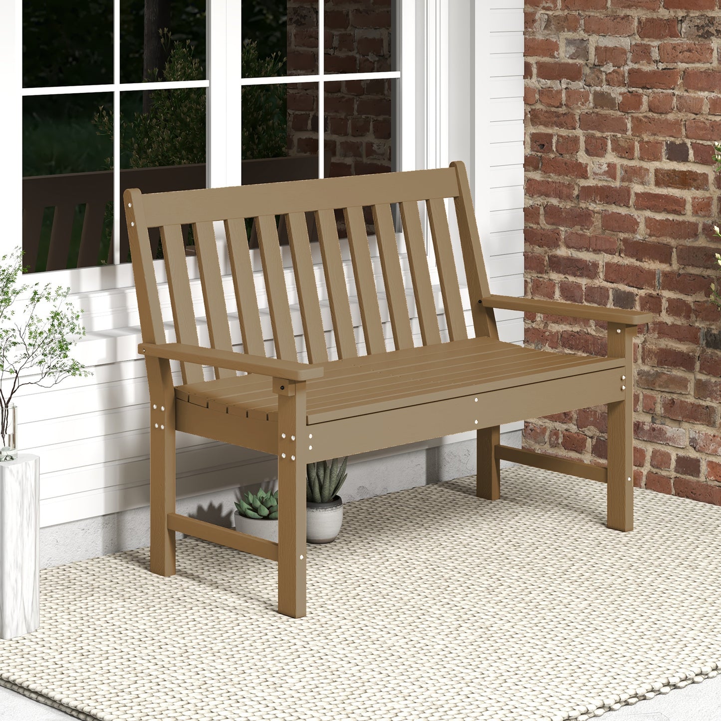 132 CM All-Weather HDPE Garden Bench with Backrest and Armrests-Brown