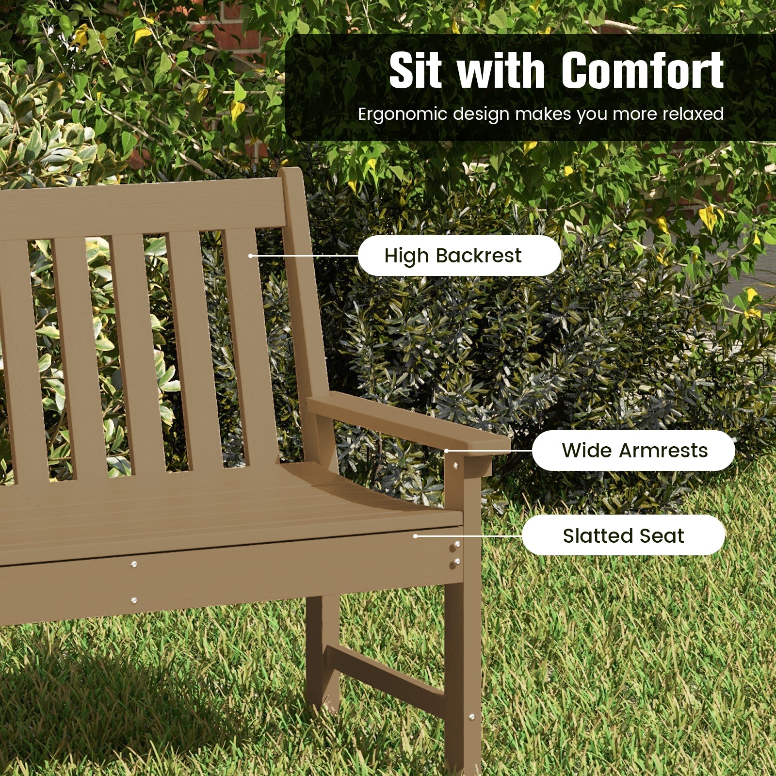 132 CM All-Weather HDPE Garden Bench with Backrest and Armrests-Brown