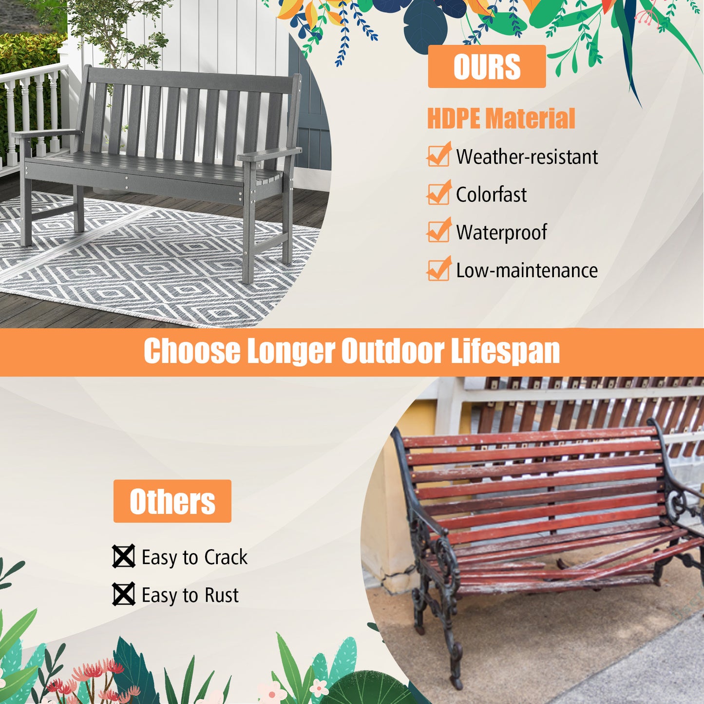 132 CM All-Weather HDPE Garden Bench with Backrest and Armrests-Grey