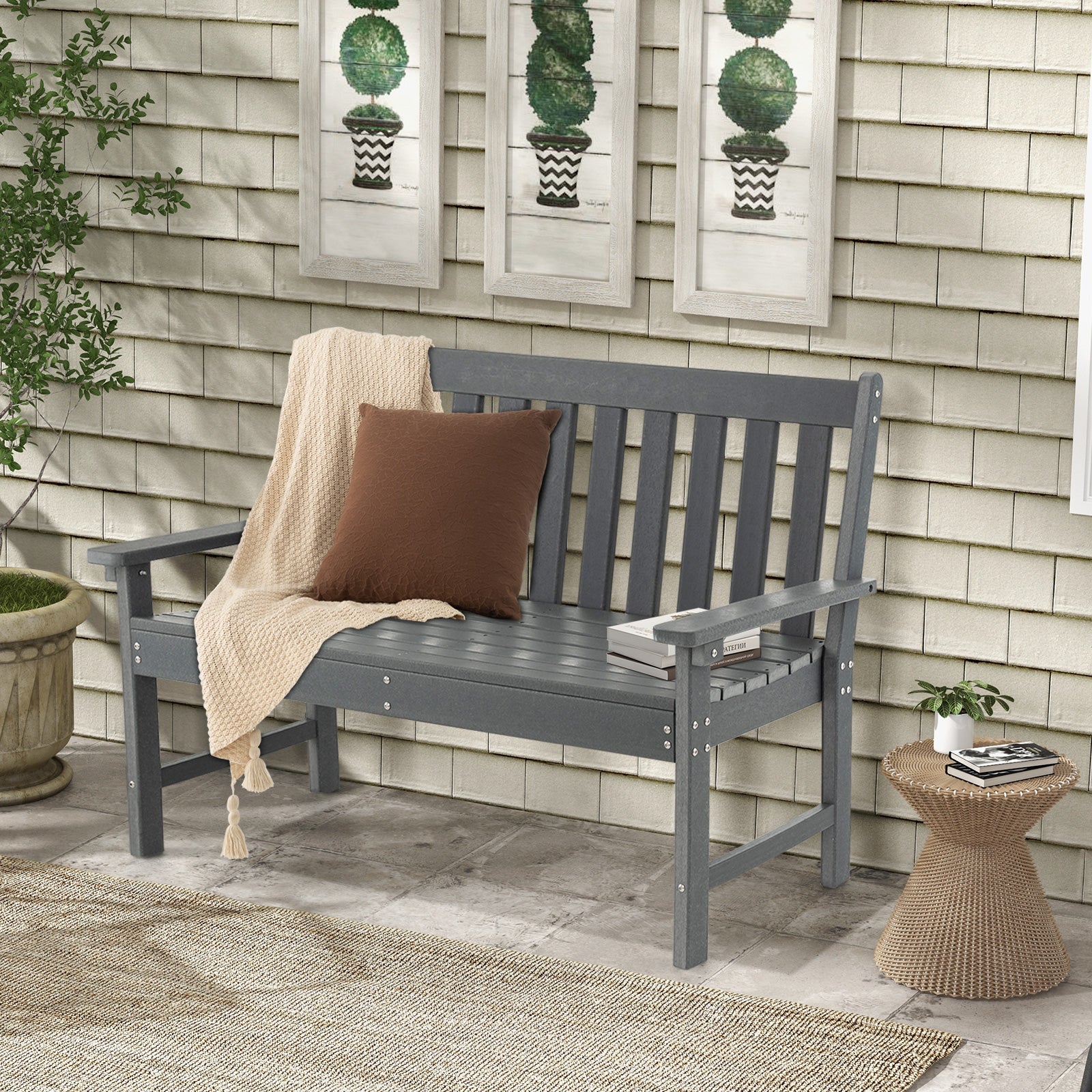 132 CM All-Weather HDPE Garden Bench with Backrest and Armrests-Grey