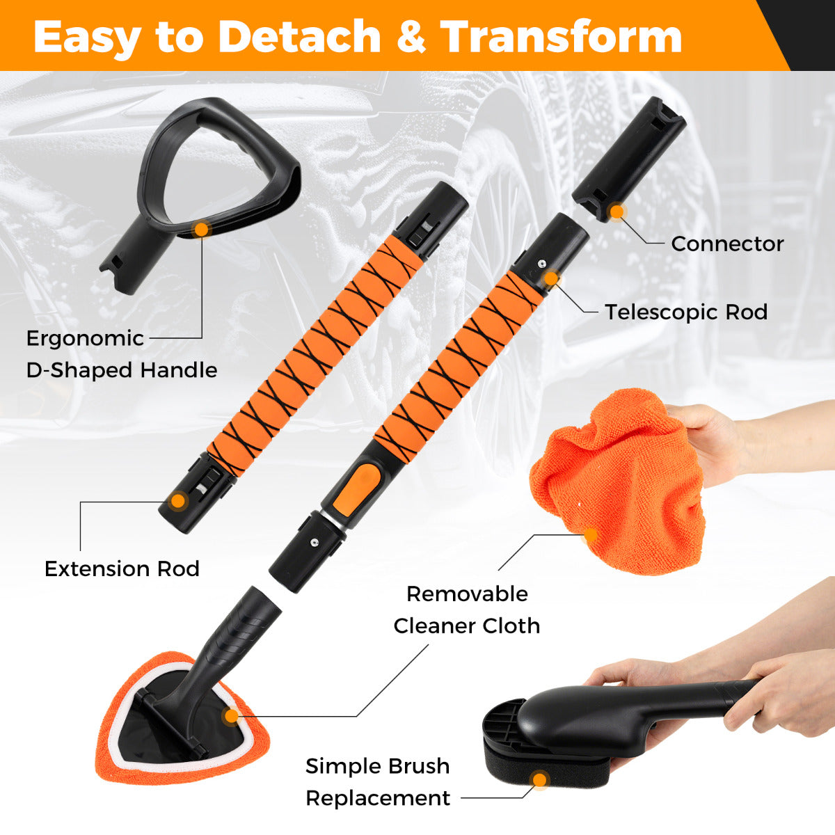 132 cm Car Wash Brush with Extendable Handle Vehicle Cleaning Set-Orange