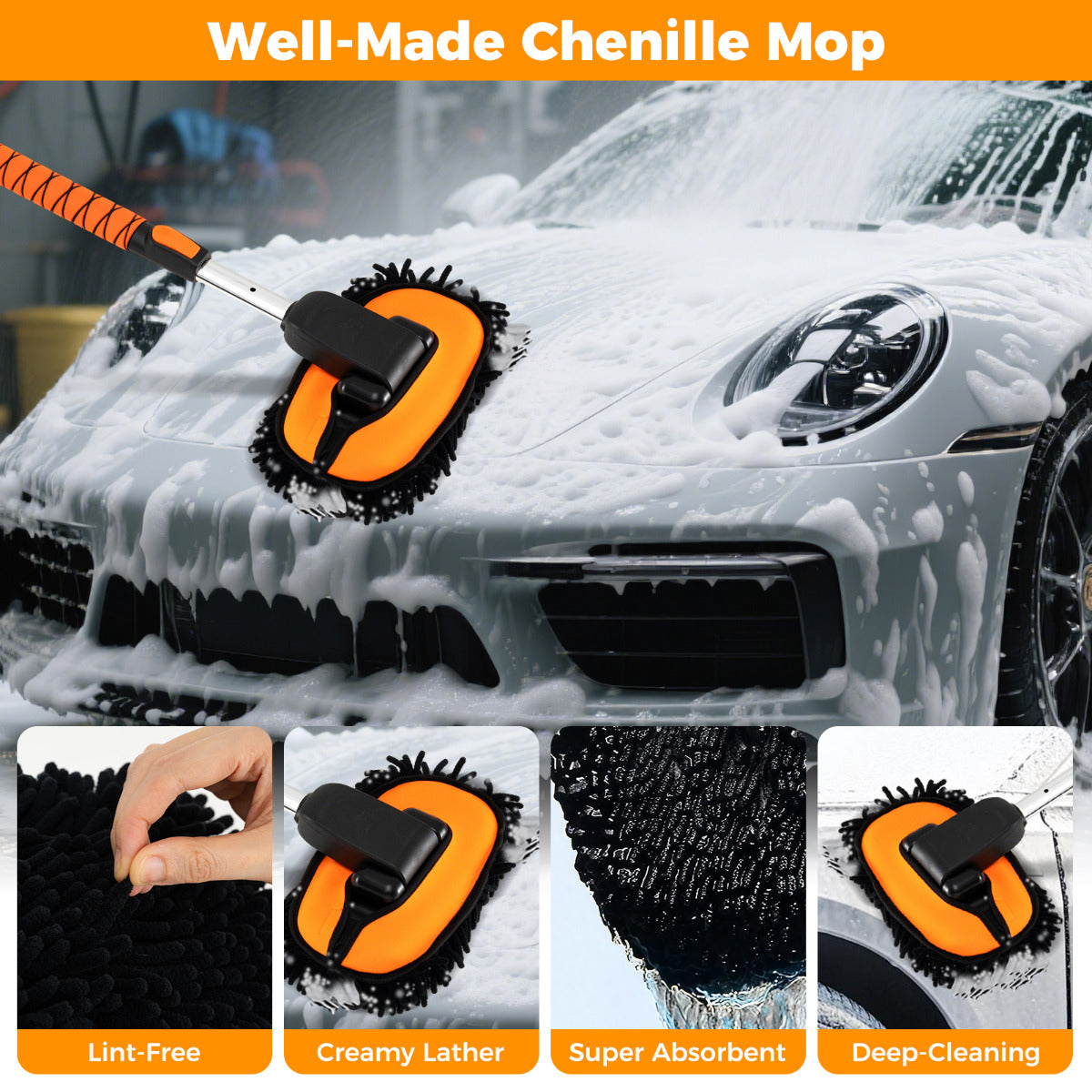 132 cm Car Wash Brush with Extendable Handle Vehicle Cleaning Set-Orange