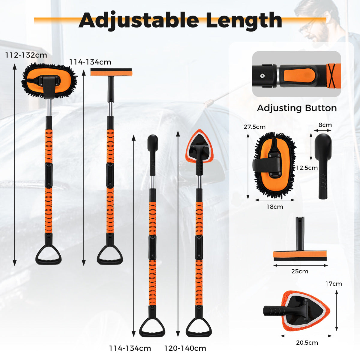 132 cm Car Wash Brush with Extendable Handle Vehicle Cleaning Set-Orange