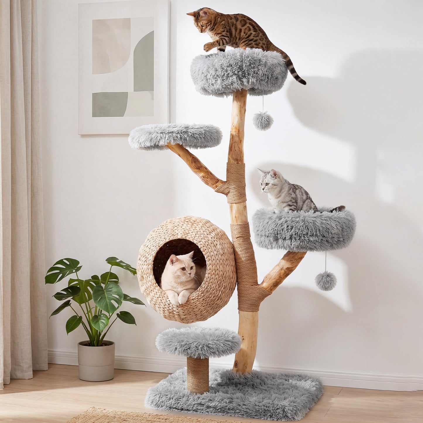 134CM 5-Tier Cat Tree with Woven Cat Condo and Hanging Balls-Grey