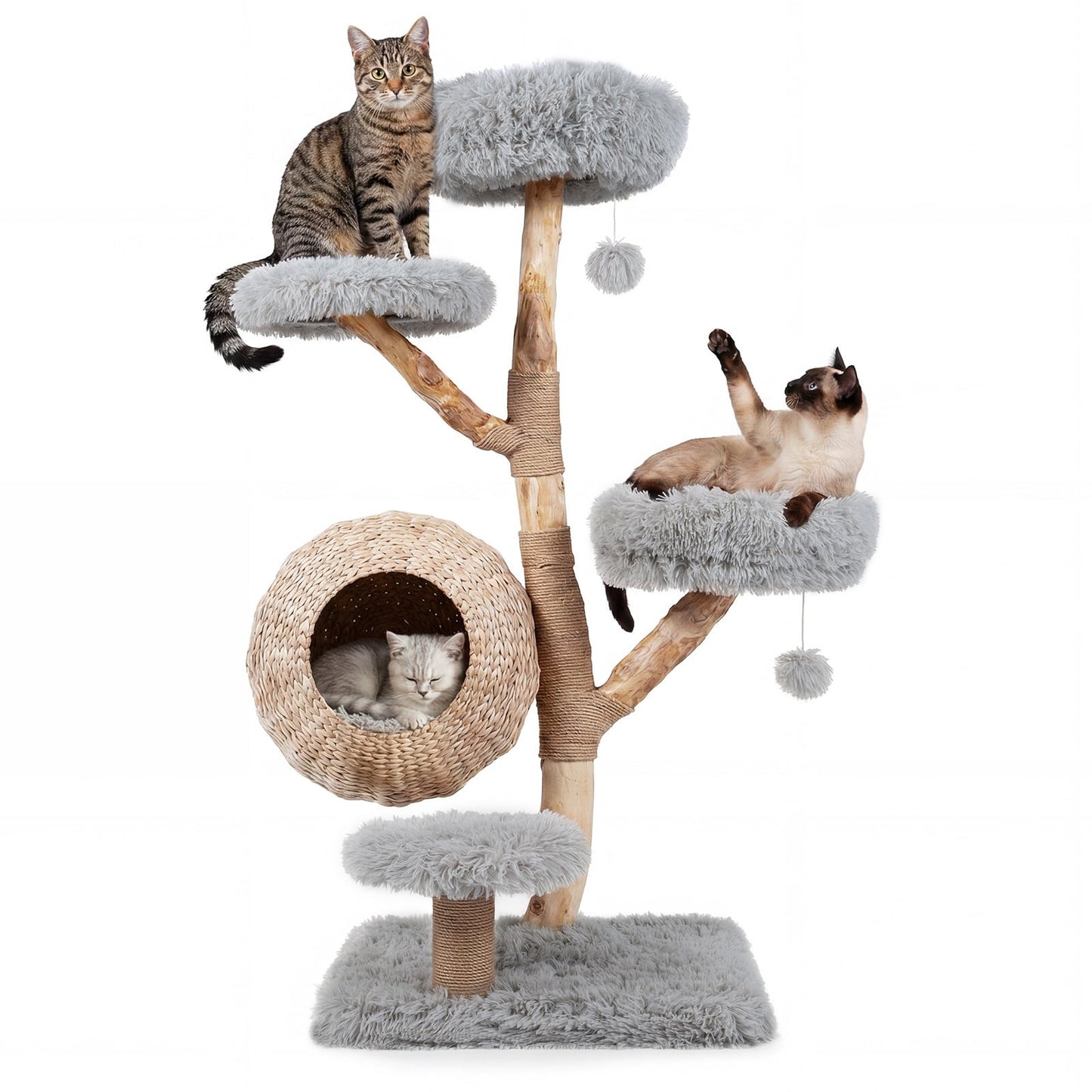 134CM 5-Tier Cat Tree with Woven Cat Condo and Hanging Balls-Grey