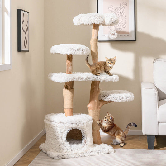 135cm Cat Tree Tower with Wood Branches and Plush Condo-White