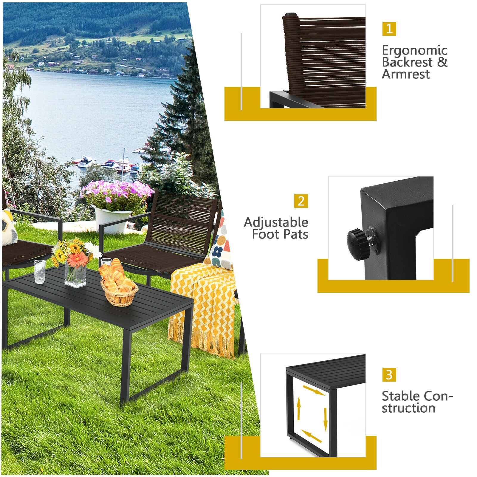4 Piece Patio Furniture Set with Loveseat Single Chairs and Table