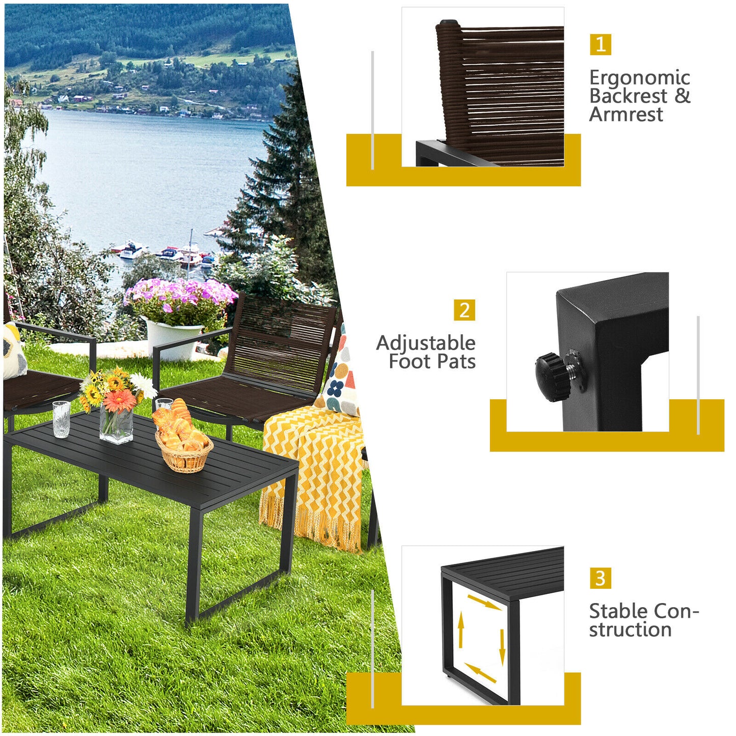 4 Piece Patio Furniture Set with Loveseat Single Chairs and Table