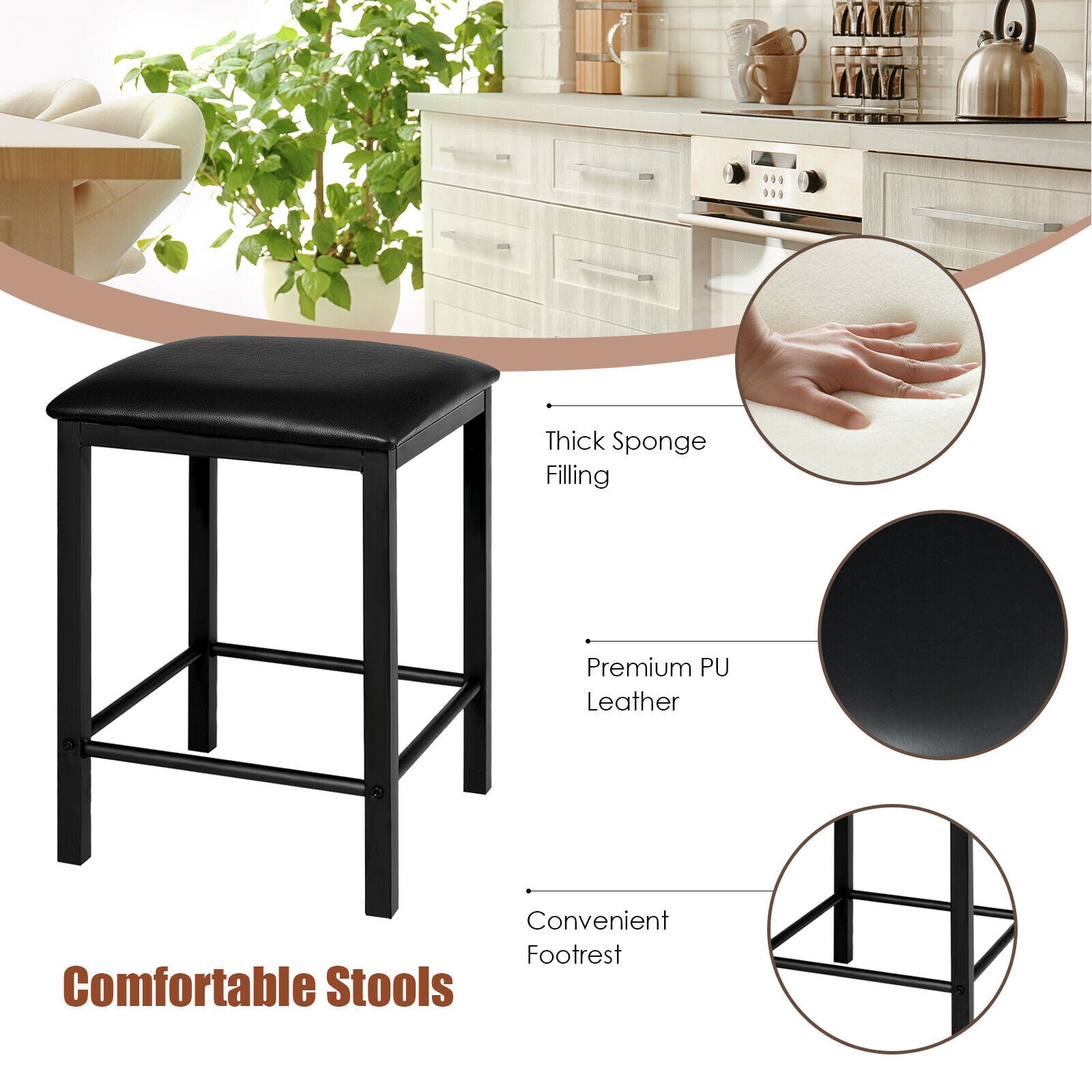 3 Piece Dining Table Set with 2 Faux Leather Backless Stools-Black
