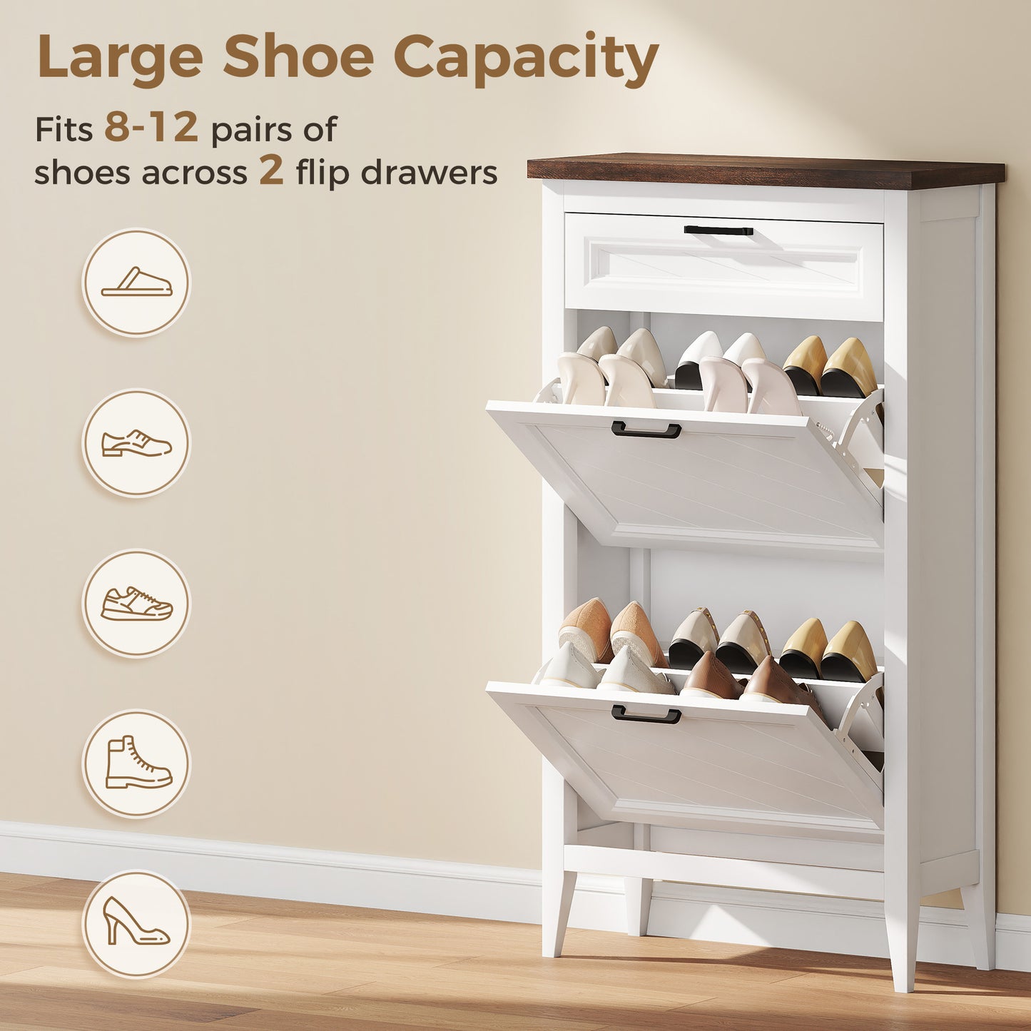 HOMCOM Shoe Cabinet with 2 Flip Drawers, Farmhouse Narrow Shoe Storage Cabinet with Adjustable Shelves, White