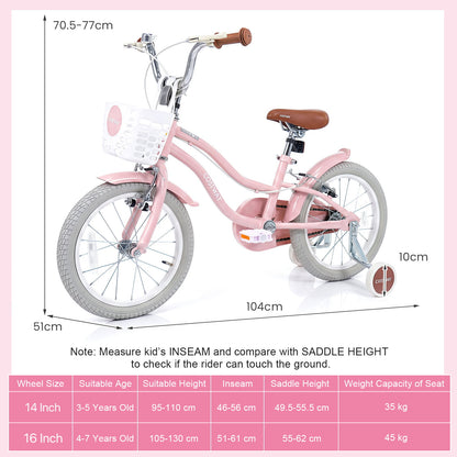 14 Inch Girls Bike with Basket for 3-5 Years Retro Series Sakura Pink