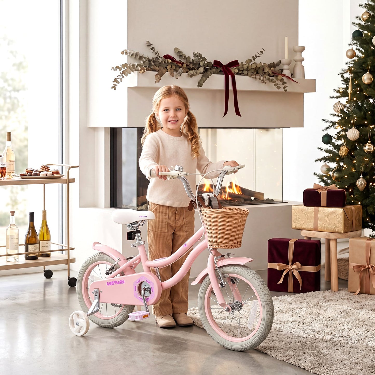 14 Inch Girls Bike with Woven Basket for 3-5 Years Cottage Series Sakura Pink