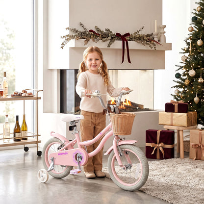 14 Inch Girls Bike with Woven Basket for 3-5 Years Cottage Series Sakura Pink