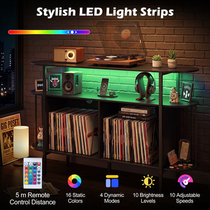 140 cm Record Player Stand with LED Lights & Power Outlets and 6 Dividers for Indoor-Black