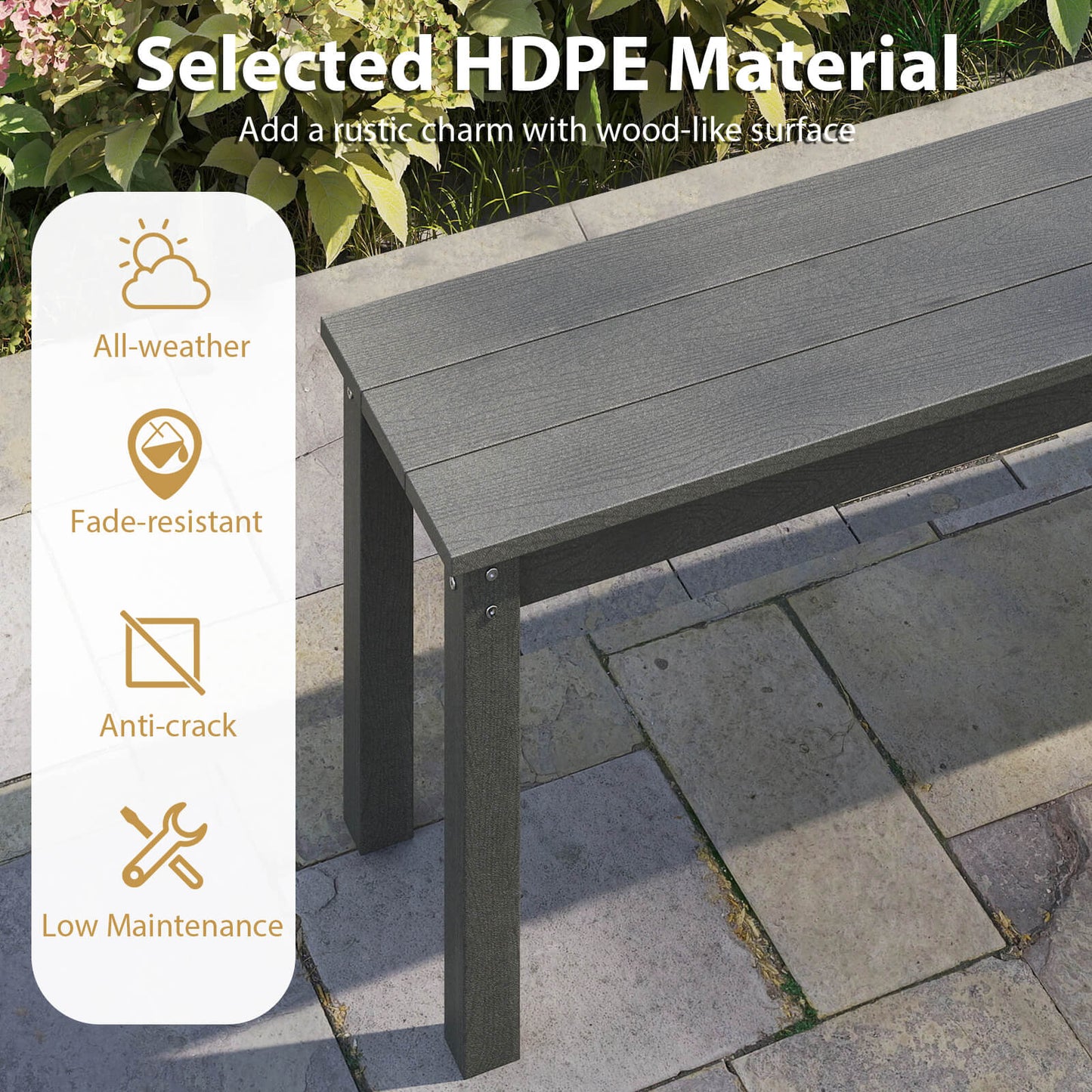140CM HDPE Outdoor Bench Backless Patio Garden Bench for 2-3 People-Grey