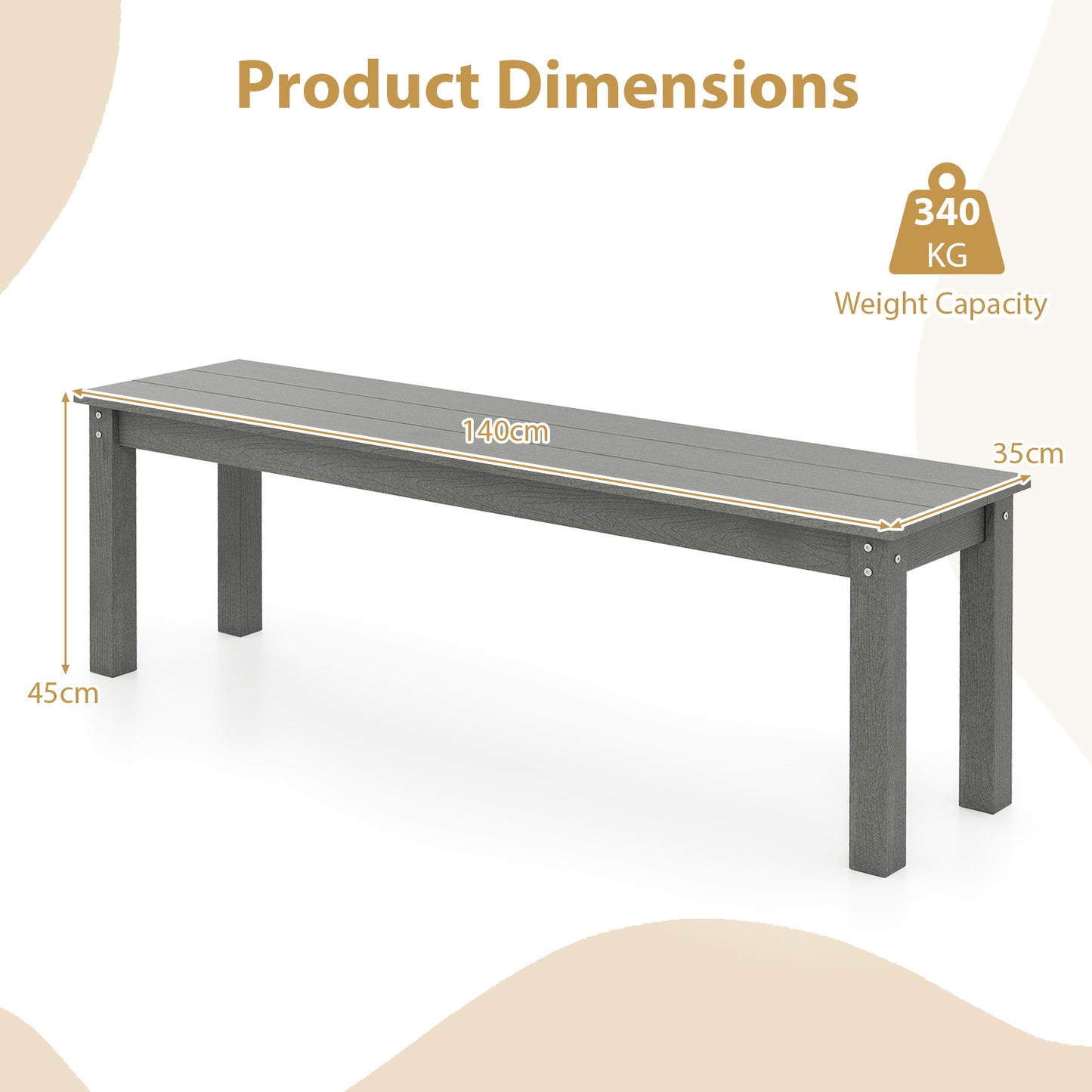 140CM HDPE Outdoor Bench Backless Patio Garden Bench for 2-3 People-Grey