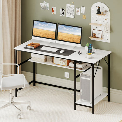 140 x 60 CM Computer Desk with Charging Station Home Office PC Desk with 4 Power Outlets and 2 USB Ports-White