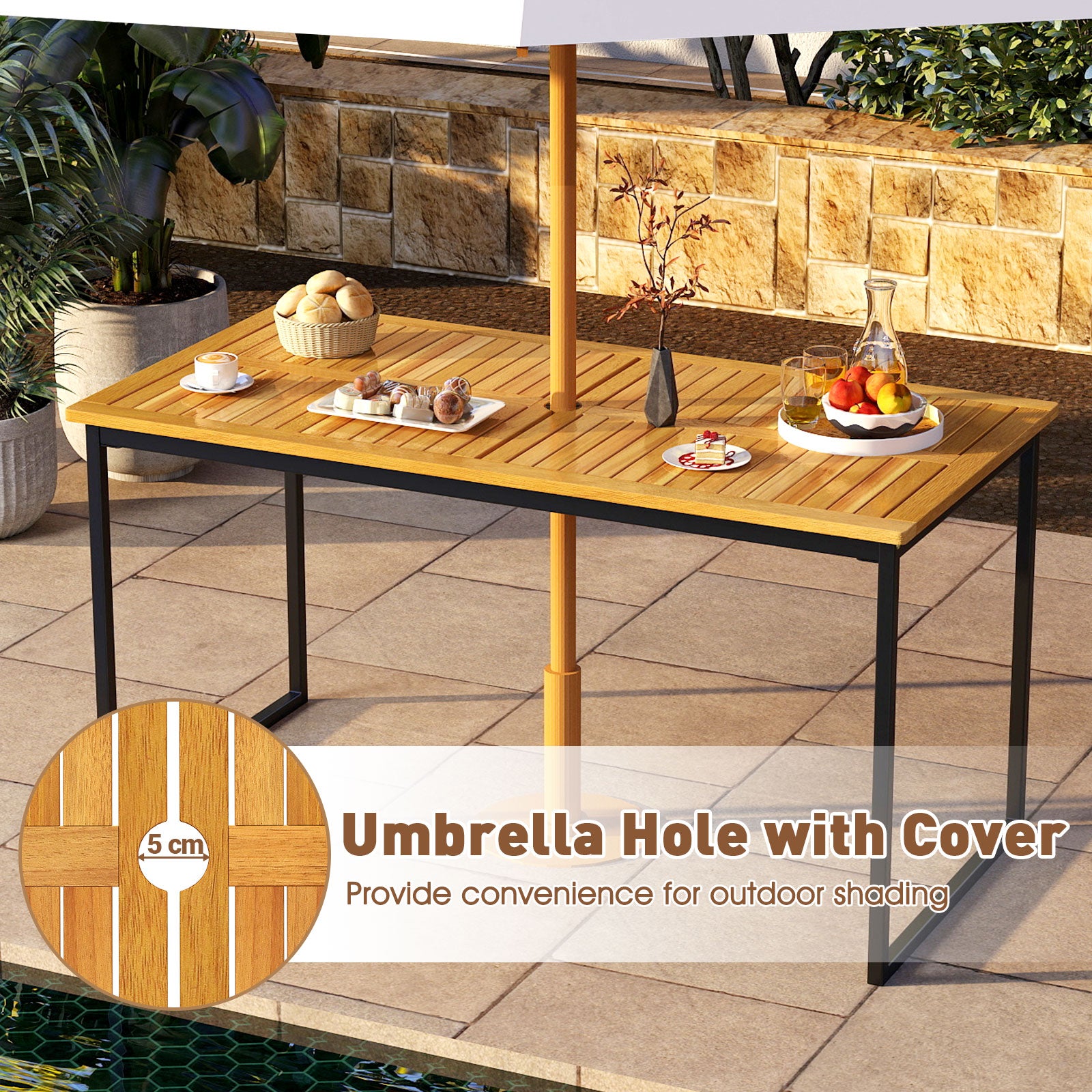 140 x 70cm Acacia Wood Dining Table for 6 People with Slatted Tabletop