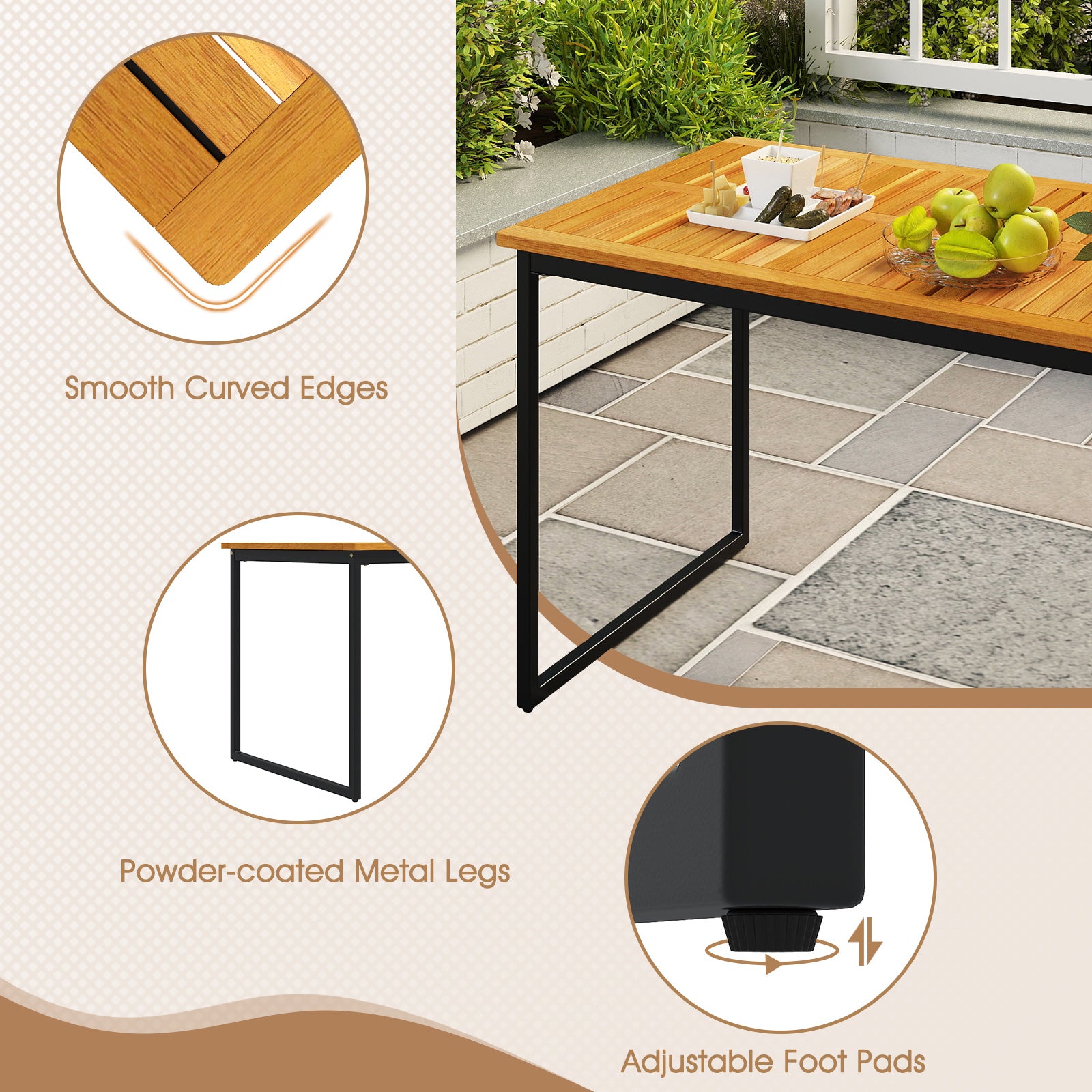 140 x 70cm Acacia Wood Dining Table for 6 People with Slatted Tabletop