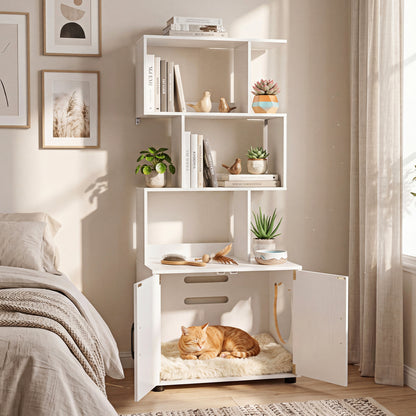 141 CM Tall Cat Litter Box Enclosure with 3 Open Shelves & Side Entry for Indoor-White