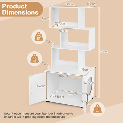 141 CM Tall Cat Litter Box Enclosure with 3 Open Shelves & Side Entry for Indoor-White