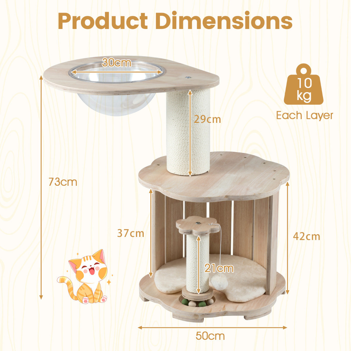Wooden Cat Tree 3-Level Cute Kitten Tower with Condo Space Capsule Scratching Posts
