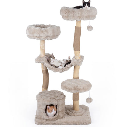 147cm Cat Tree Tower with Cat Cave with Sisal Scratching Poles and 2 Plush Play Balls for Indoor Cats-Beige