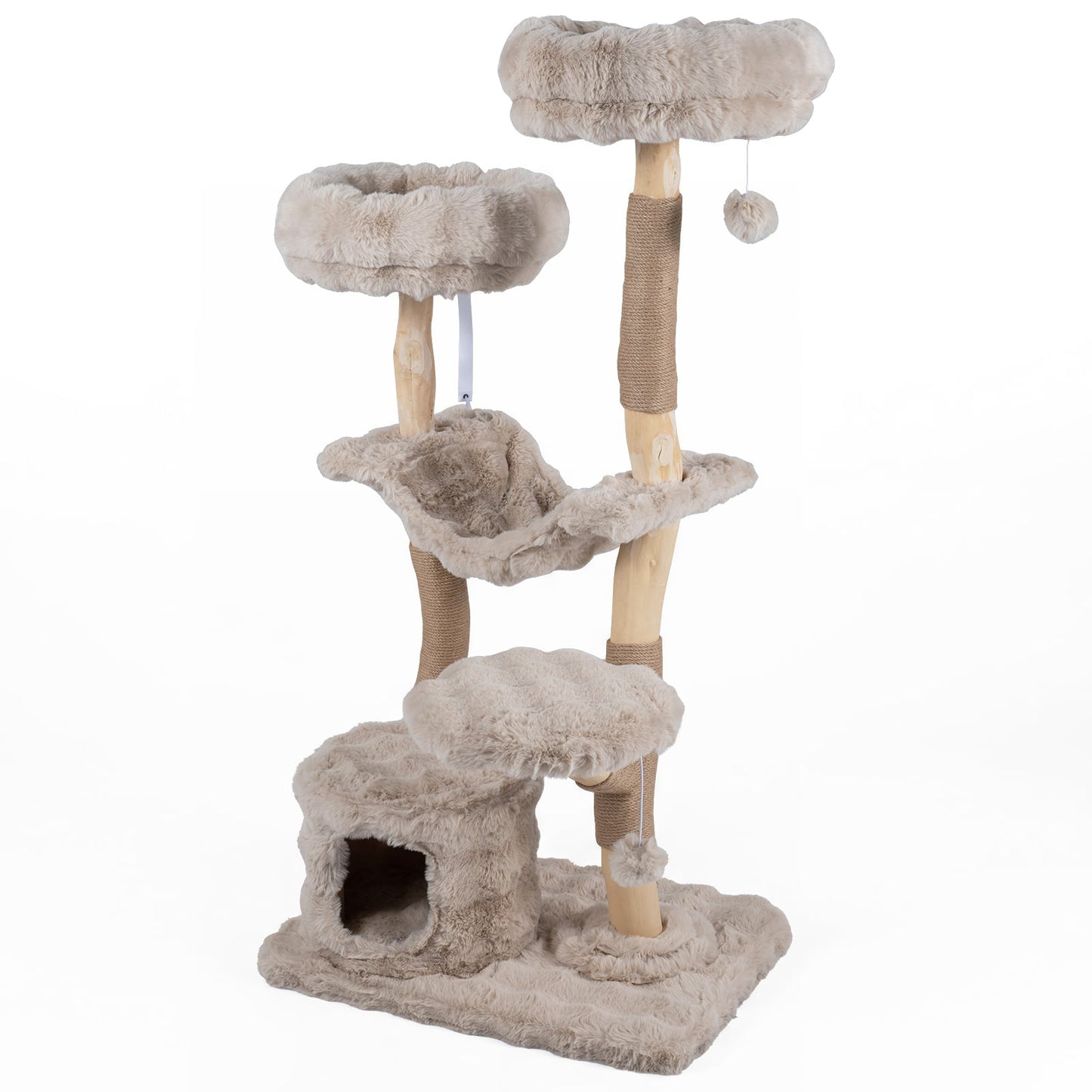 147cm Cat Tree Tower with Cat Cave with Sisal Scratching Poles and 2 Plush Play Balls for Indoor Cats-Beige