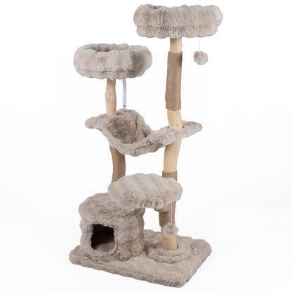 147cm Cat Tree Tower with Cat Cave with Sisal Scratching Poles and 2 Plush Play Balls for Indoor Cats-Beige