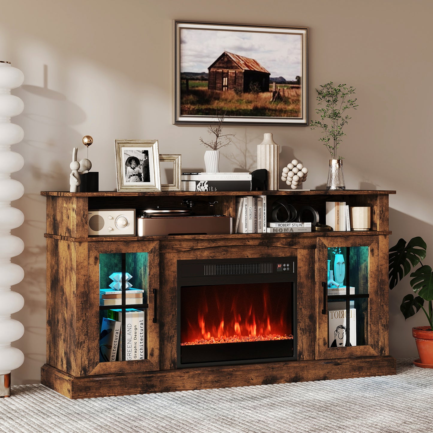 148cm Fireplace TV Stand with LED Lights Entertainment Center for 65 Inch TV-Brown