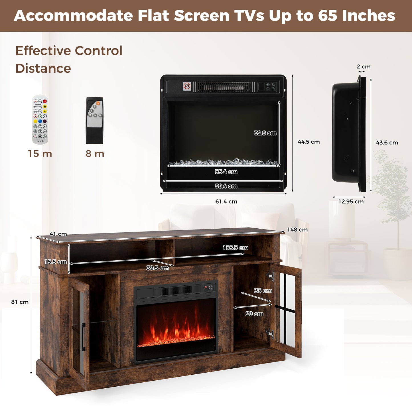 148cm Fireplace TV Stand with LED Lights Entertainment Center for 65 Inch TV-Brown