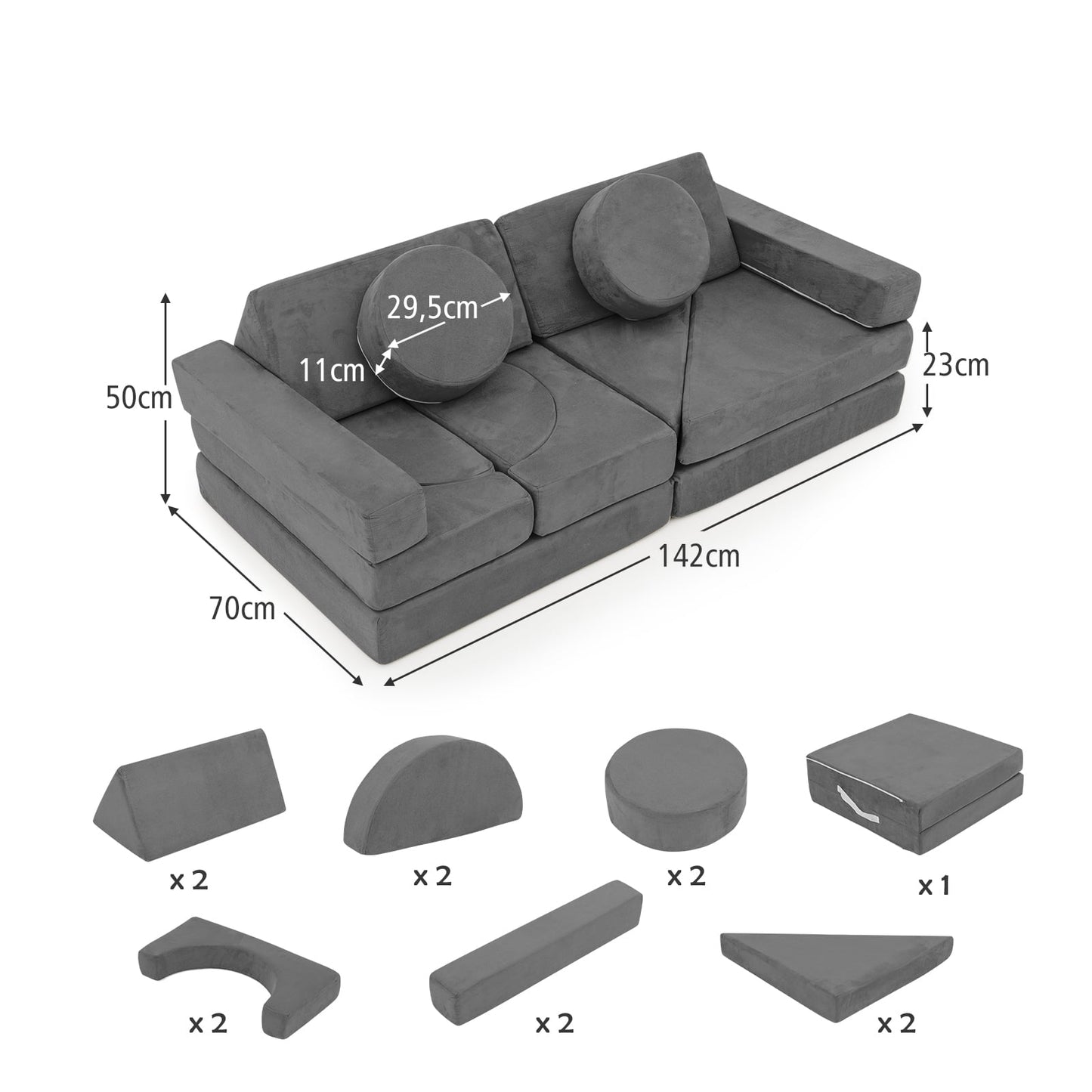 14 PCS Modular Kids Play Couch Child Sectional Sofa Building Blocks Playset-Grey