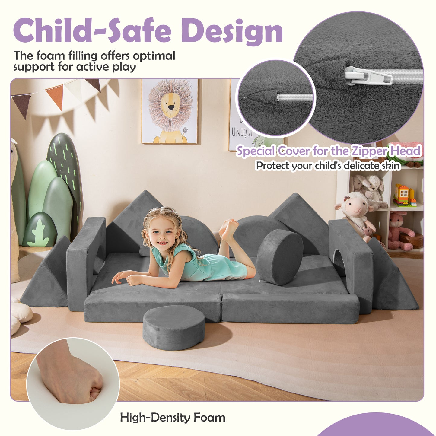 14 PCS Modular Kids Play Couch Child Sectional Sofa Building Blocks Playset-Grey