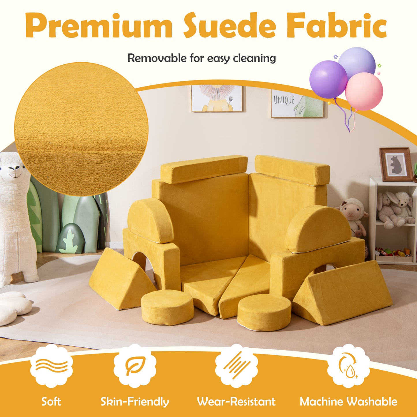 14 PCS Modular Kids Play Couch Child Sectional Sofa Building Blocks Playset-Yellow