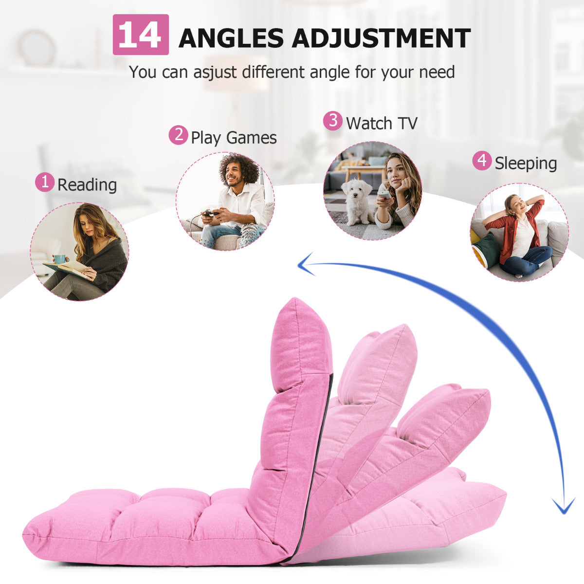 14-Position Adjustable Floor Chair with High Resilience Sponge-Pink