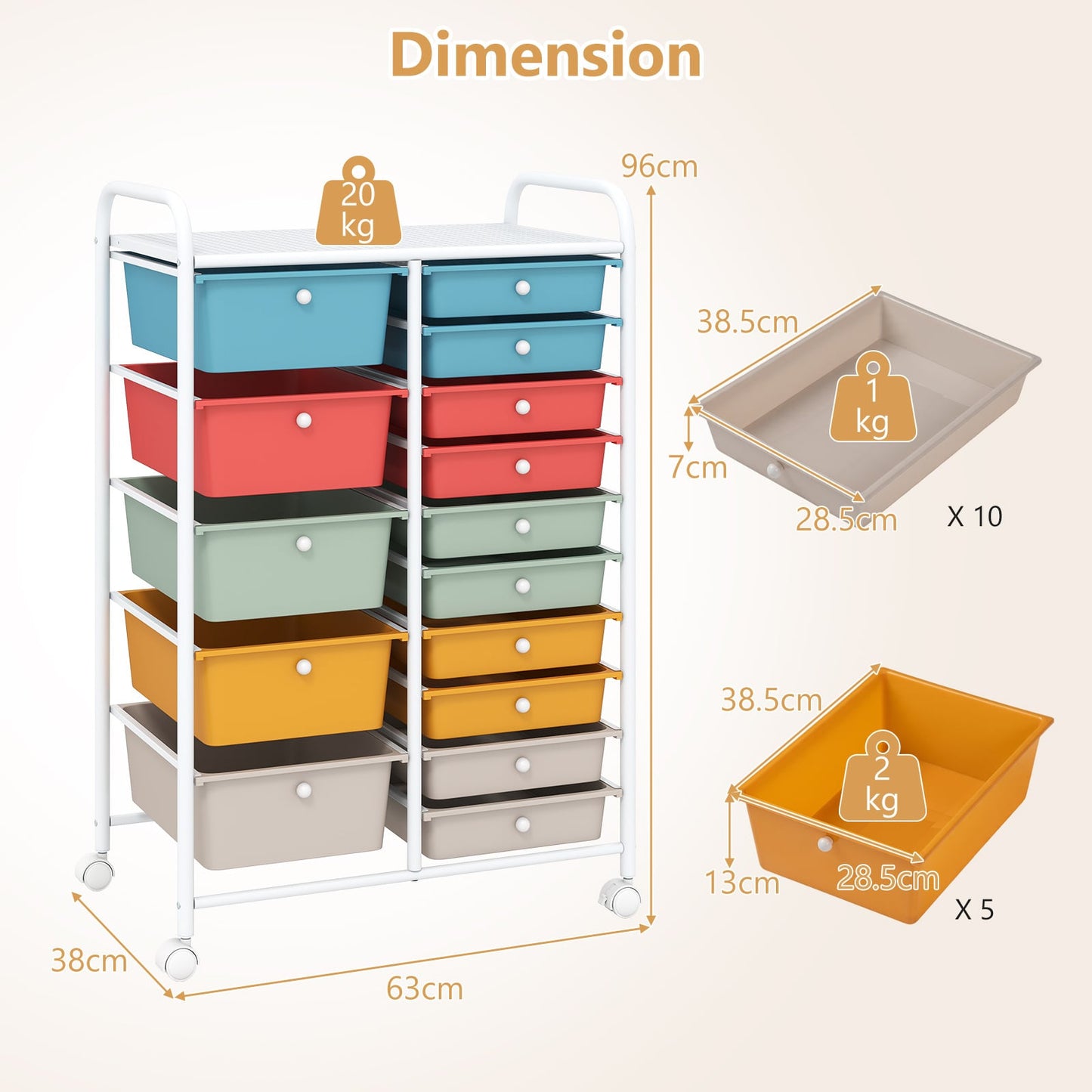 15 Drawer Rolling Storage Cart with Metal Frame and Lockable Wheels for Art Crafts-Rainbow