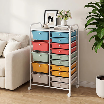 15 Drawer Rolling Storage Cart with Metal Frame and Lockable Wheels for Art Crafts-Rainbow