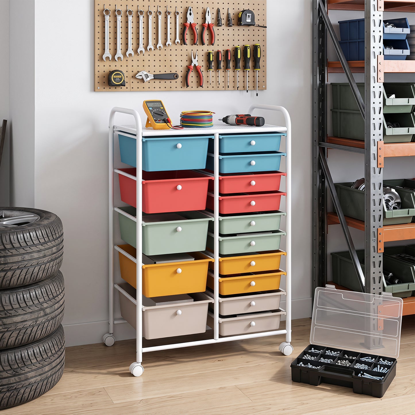 15 Drawer Rolling Storage Cart with Metal Frame and Lockable Wheels for Art Crafts-Rainbow