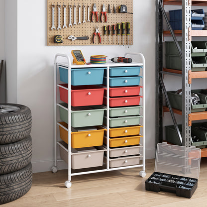 15 Drawer Rolling Storage Cart with Metal Frame and Lockable Wheels for Art Crafts-Rainbow