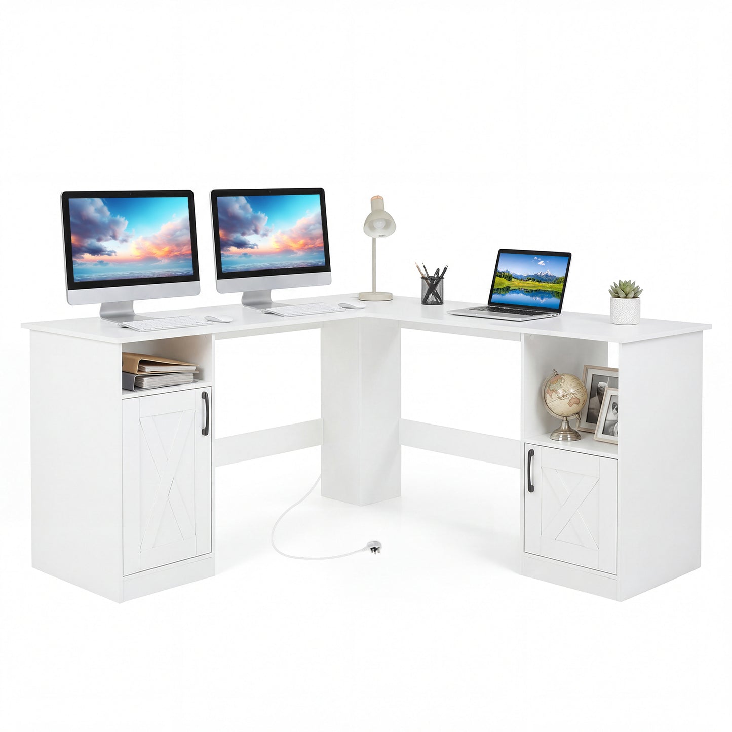 150 CM L Shaped Executive Desk with Charging Station-White