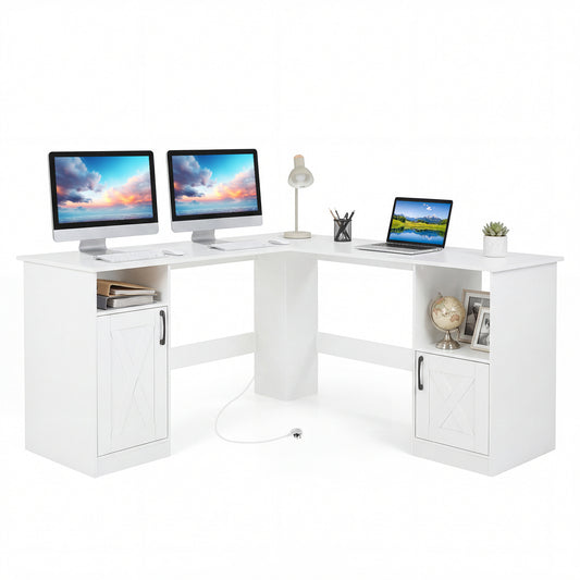 150 CM L Shaped Executive Desk with Charging Station-White