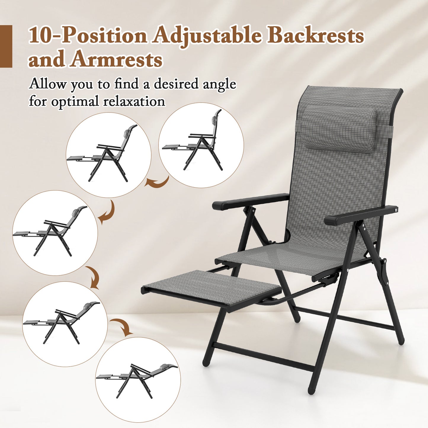 150 kg Capacity Folding Patio Chairs Set of 2 with 10-Level Adjustable Backrests and Armrests-Grey