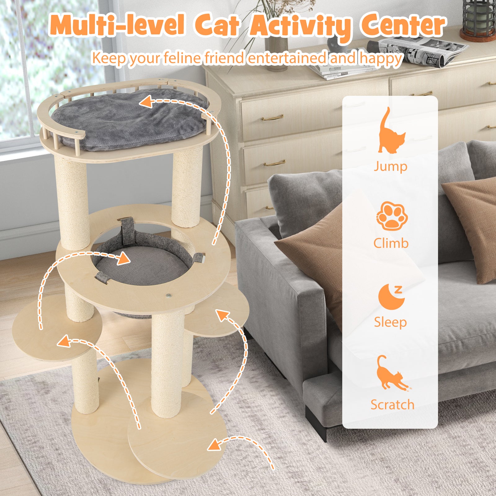 150CM Wooden Multi-Level Cat Tree with Top Perch and Hammock-Grey